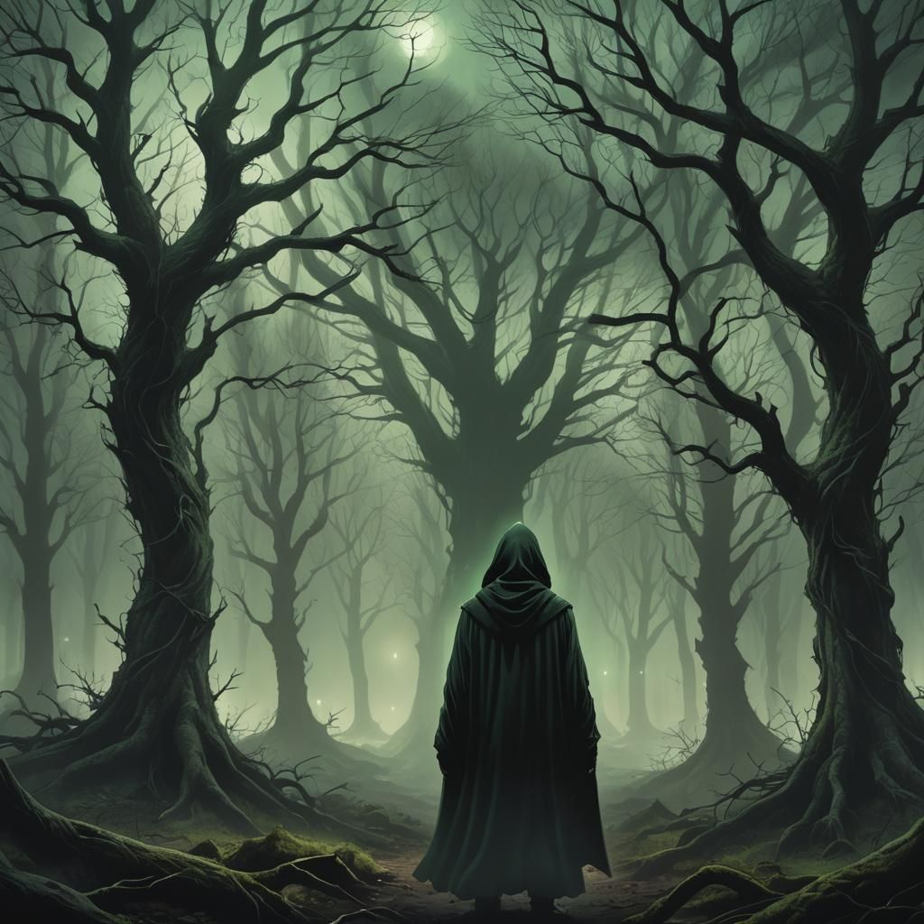 Eerie Hooded Figure in Dark Fantasy Forest