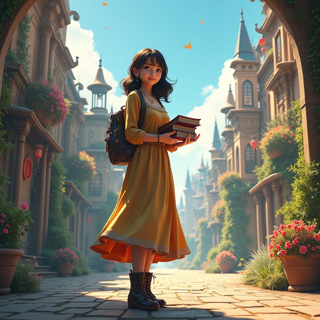 Woman in Vibrant Cityscape, Blended Art Styles