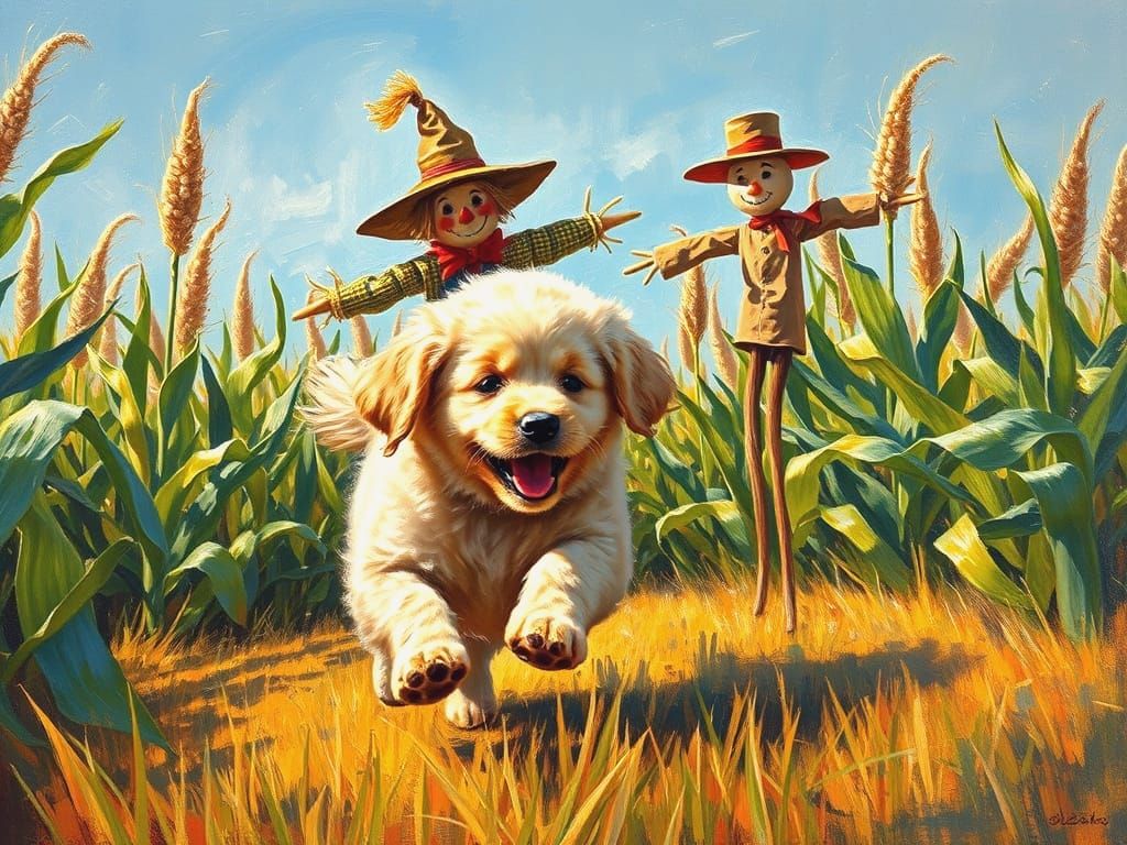 Golden Retriever Puppy Chases Scarecrow in Cornfield
