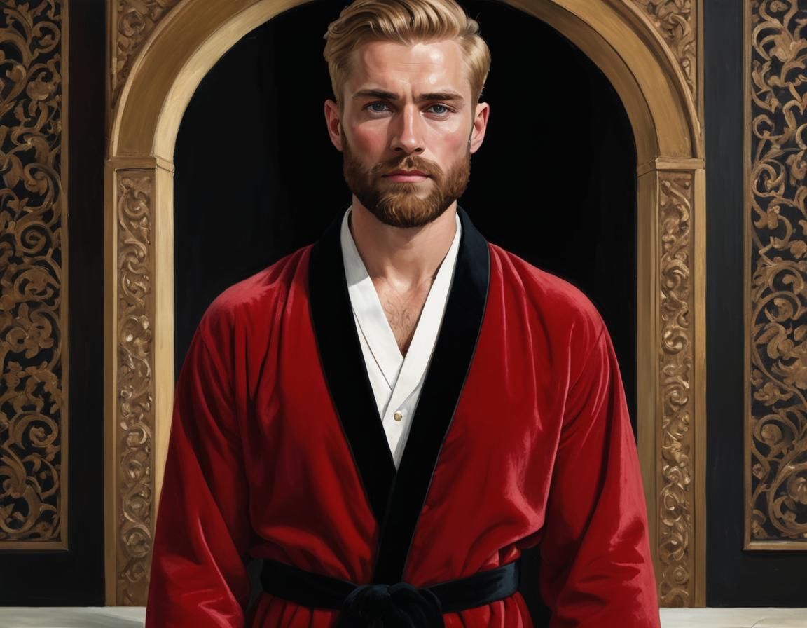 Handsome Blond Man in Red Velvet Bathrobe, Impressionist Sty...