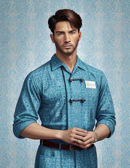 Alcohol ink, portrait macrame Fontana. Sizzling (male masculine: 1.2) nurse, wearing light blue nurse's uniform in front...