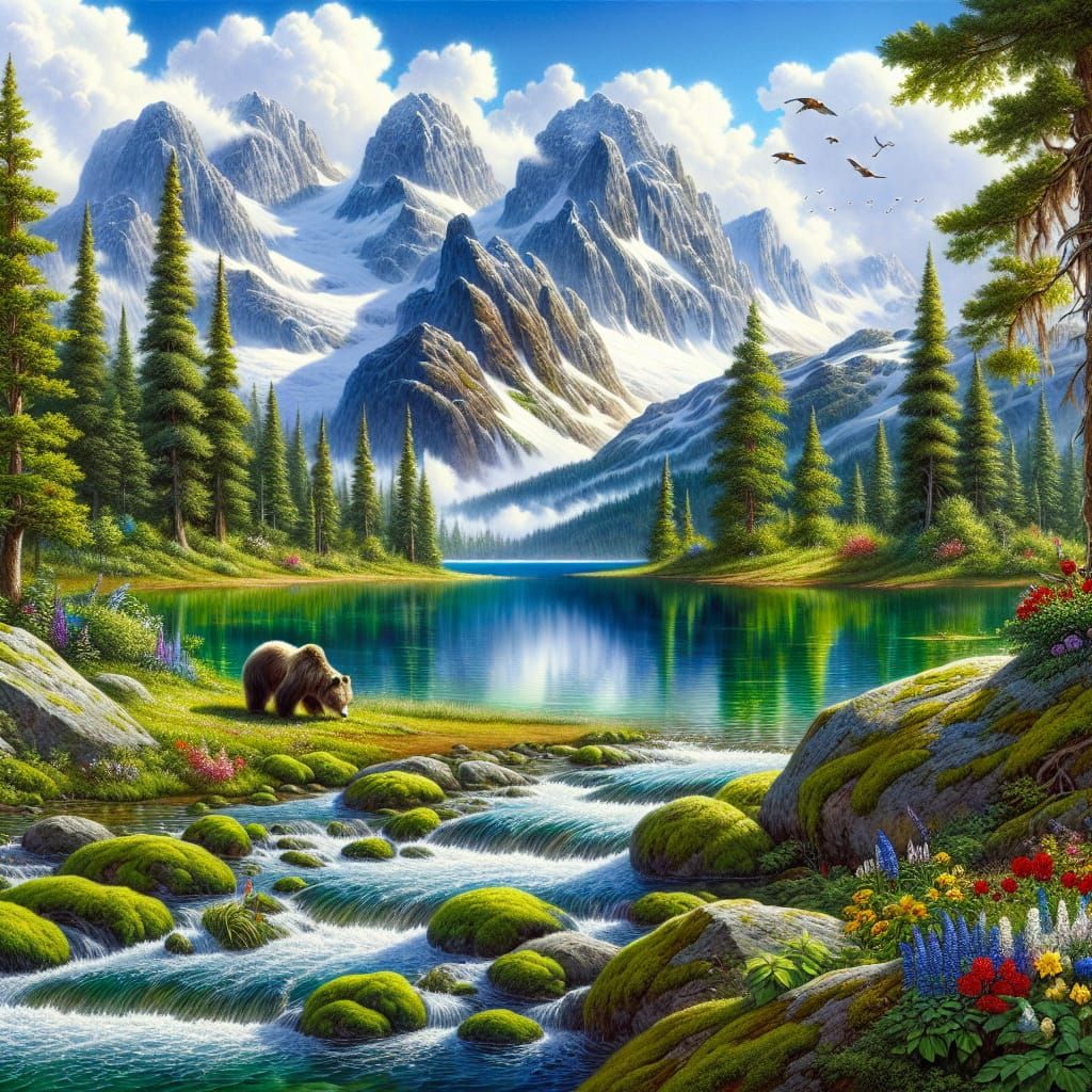 Mountain Serenity in Vibrant Watercolor