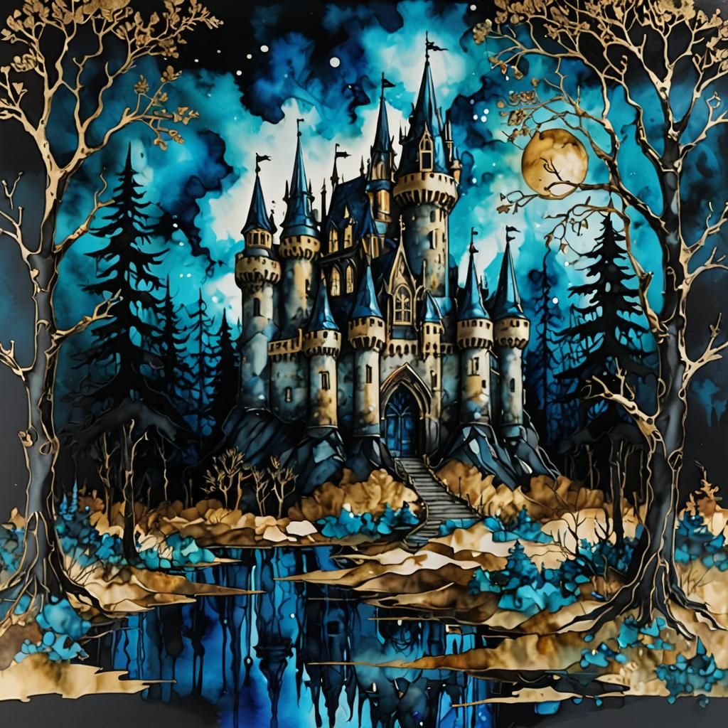 Gothic Castle in Eerie Forest: Alcohol Ink Art