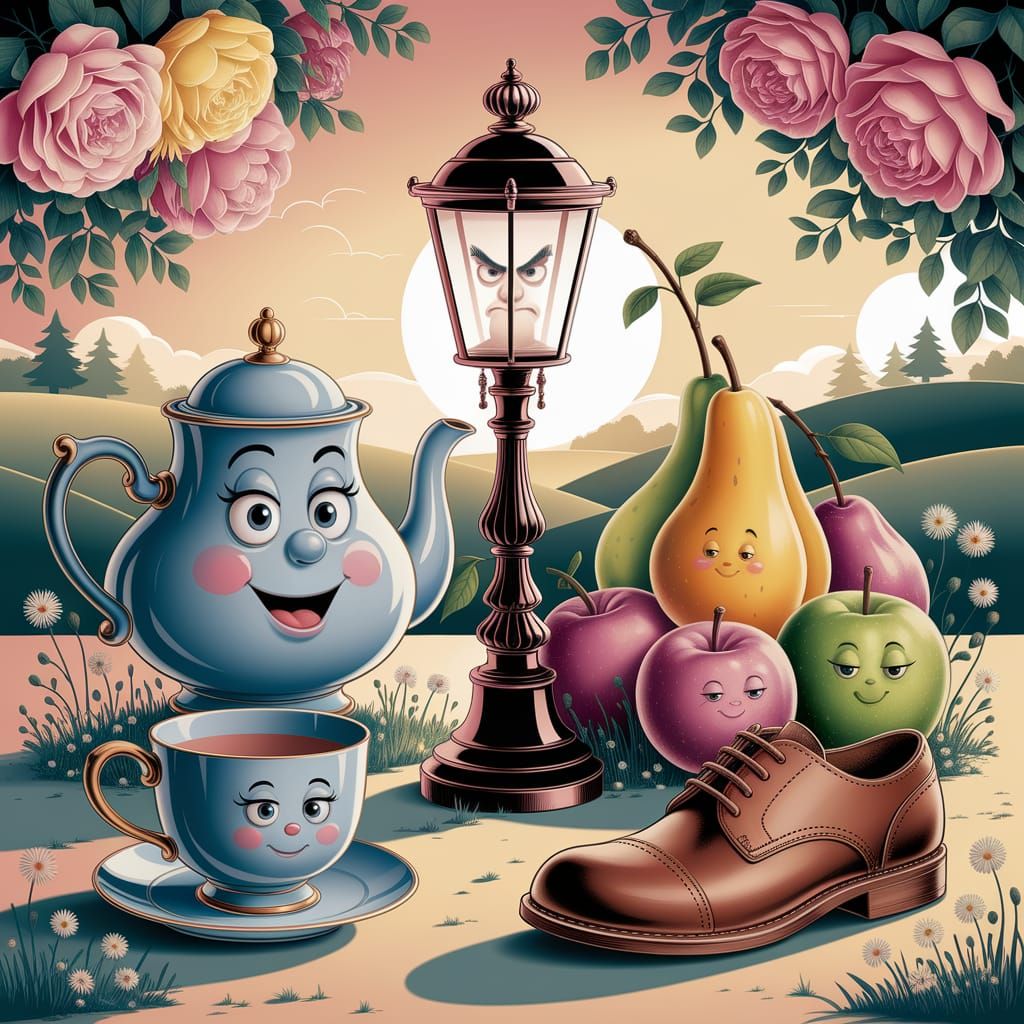 Charming Storybook Characters: Smiling Teapot, Grumpy Street...