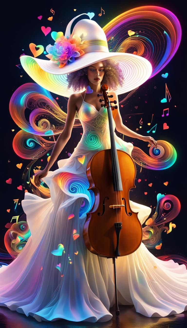 A model in a white flowing dress which swirls into a cello a...