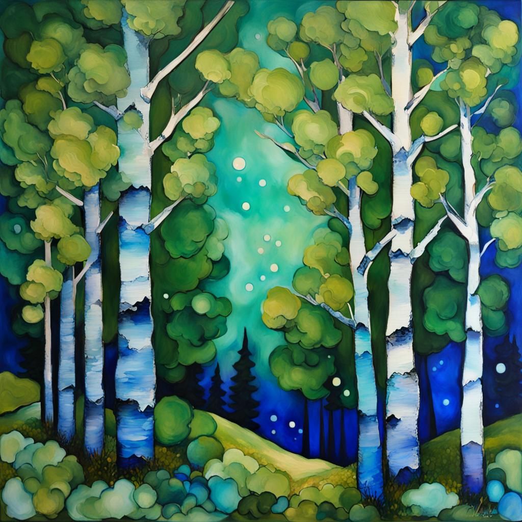 alcohol ink art :: aspen tree forest :: ink blue starry night sage twilight :: green gooseberry shrubs :: neo-impression...