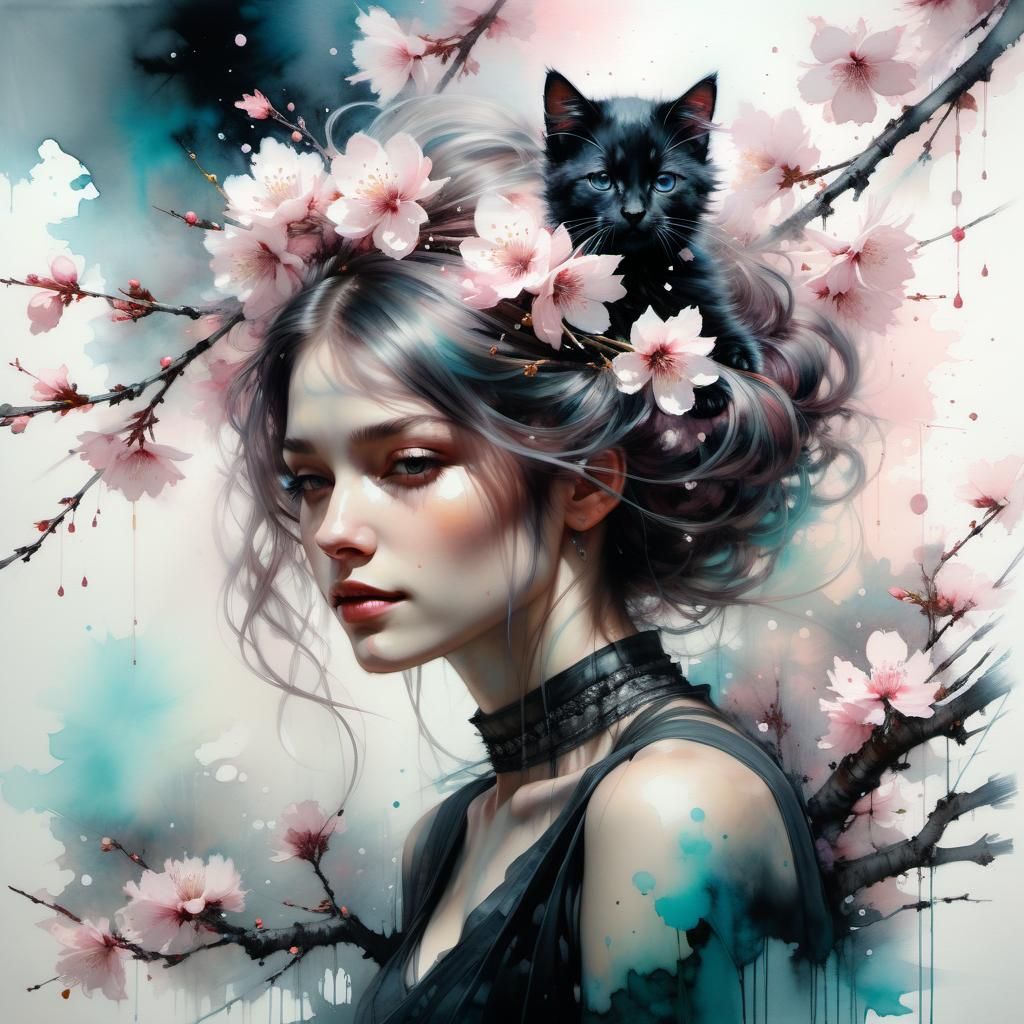Ethereal Portrait of Teen with Kitten under Sakura