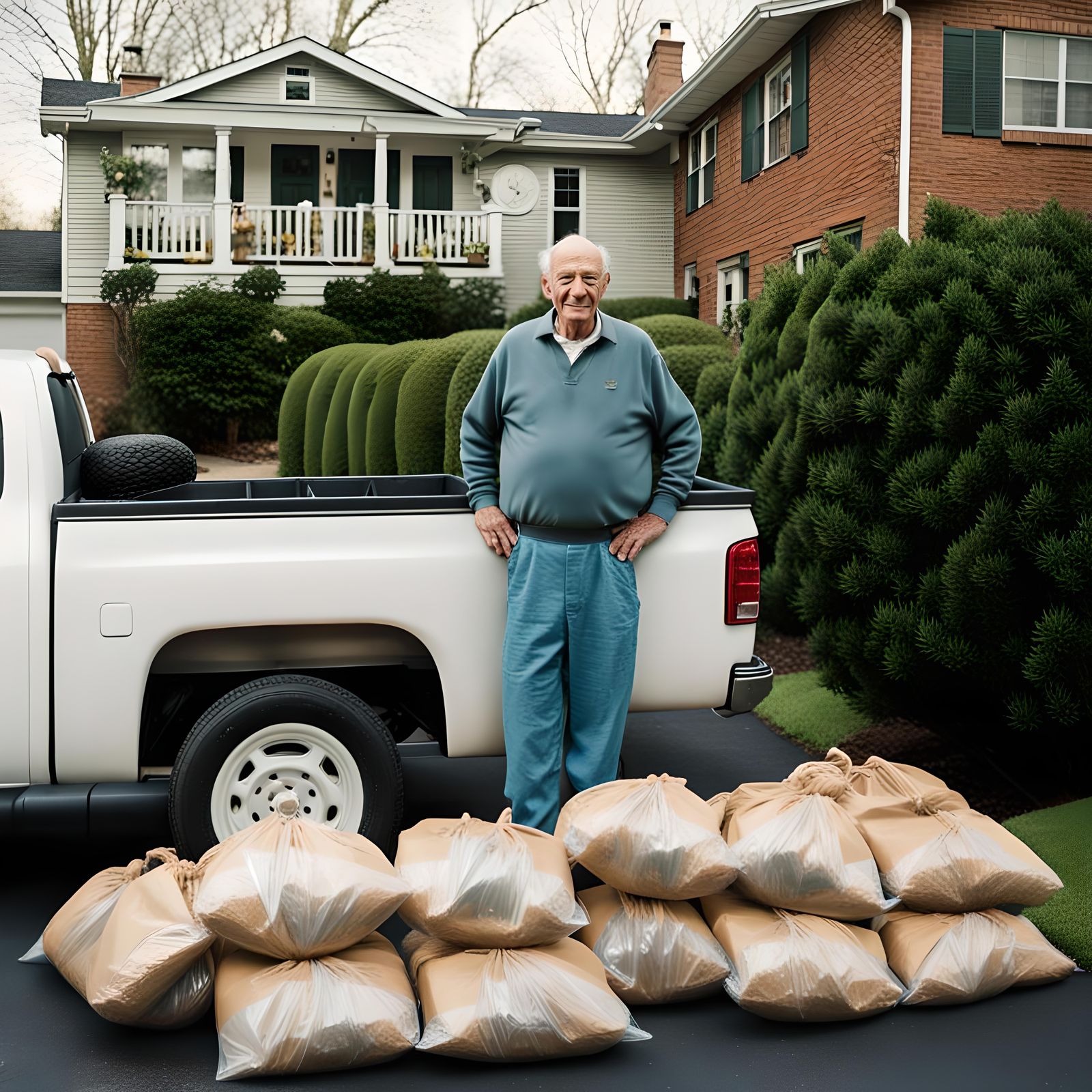 Grandfather With Peat Moss in Suburban Driveway