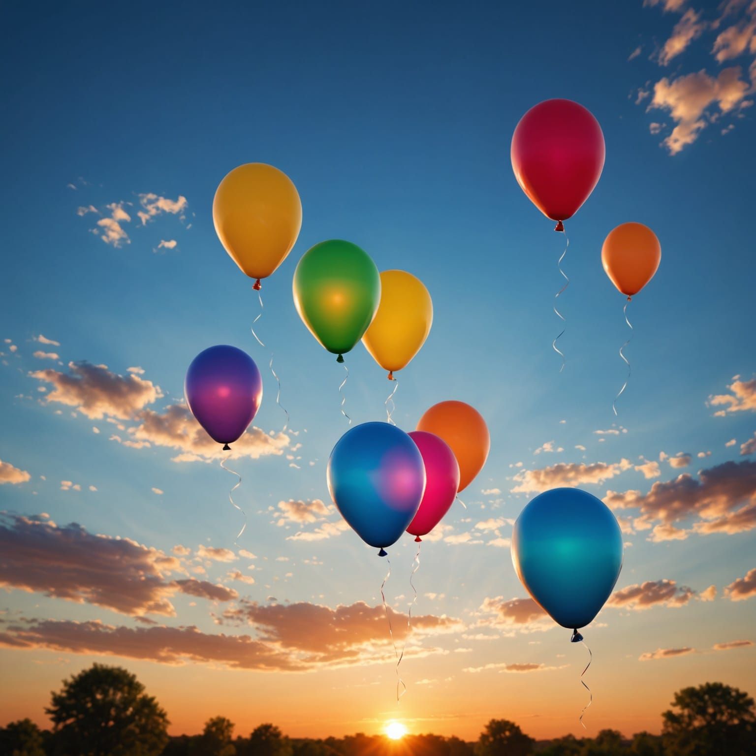 Colorful Balloons Soaring into Sunset Sky
