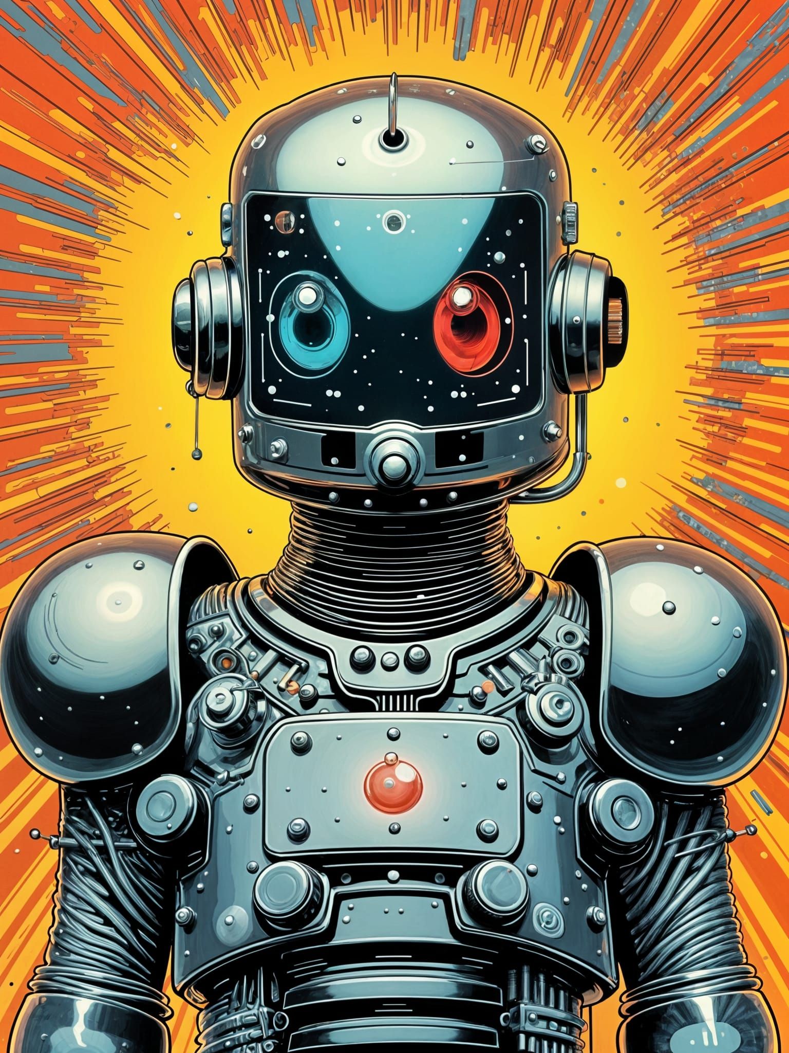 Atomic-Age Automaton Portrait in Kinetic Maximalist Style