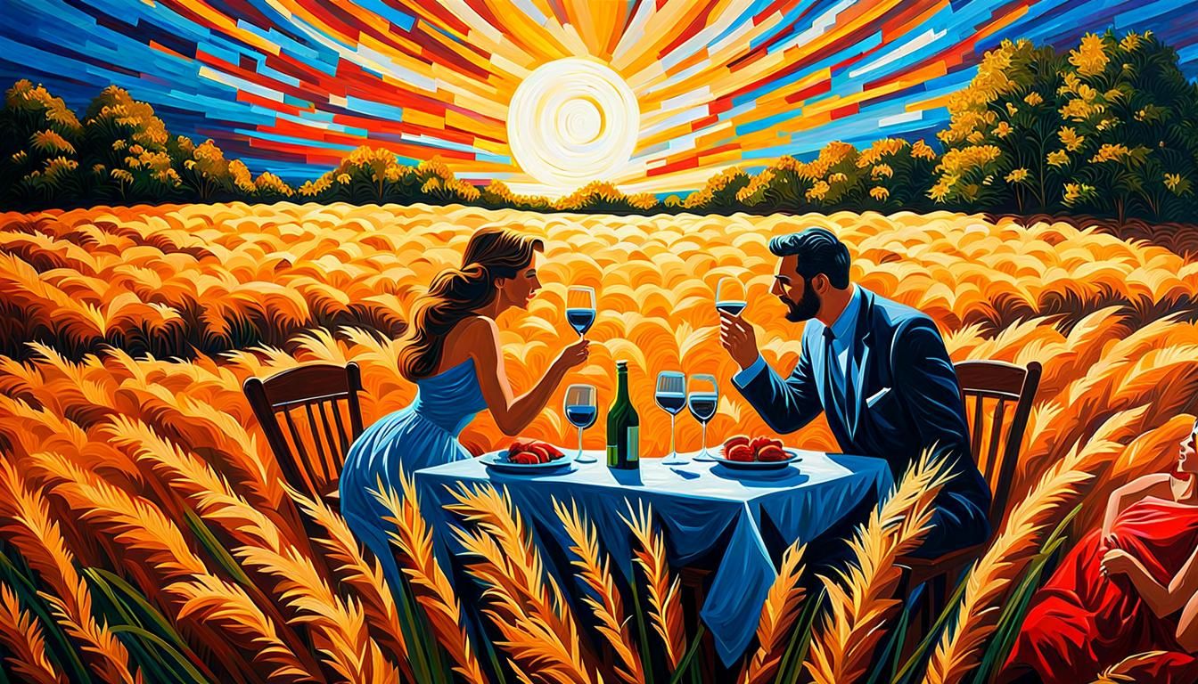Romantic Dinner in Hay Field Impasto Painting