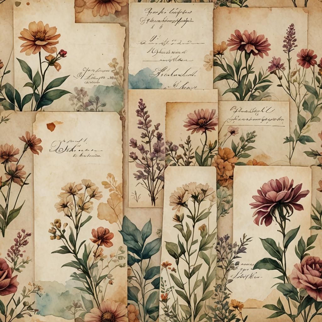 Floral Antique Tags on Parchment in Matte Painting Style