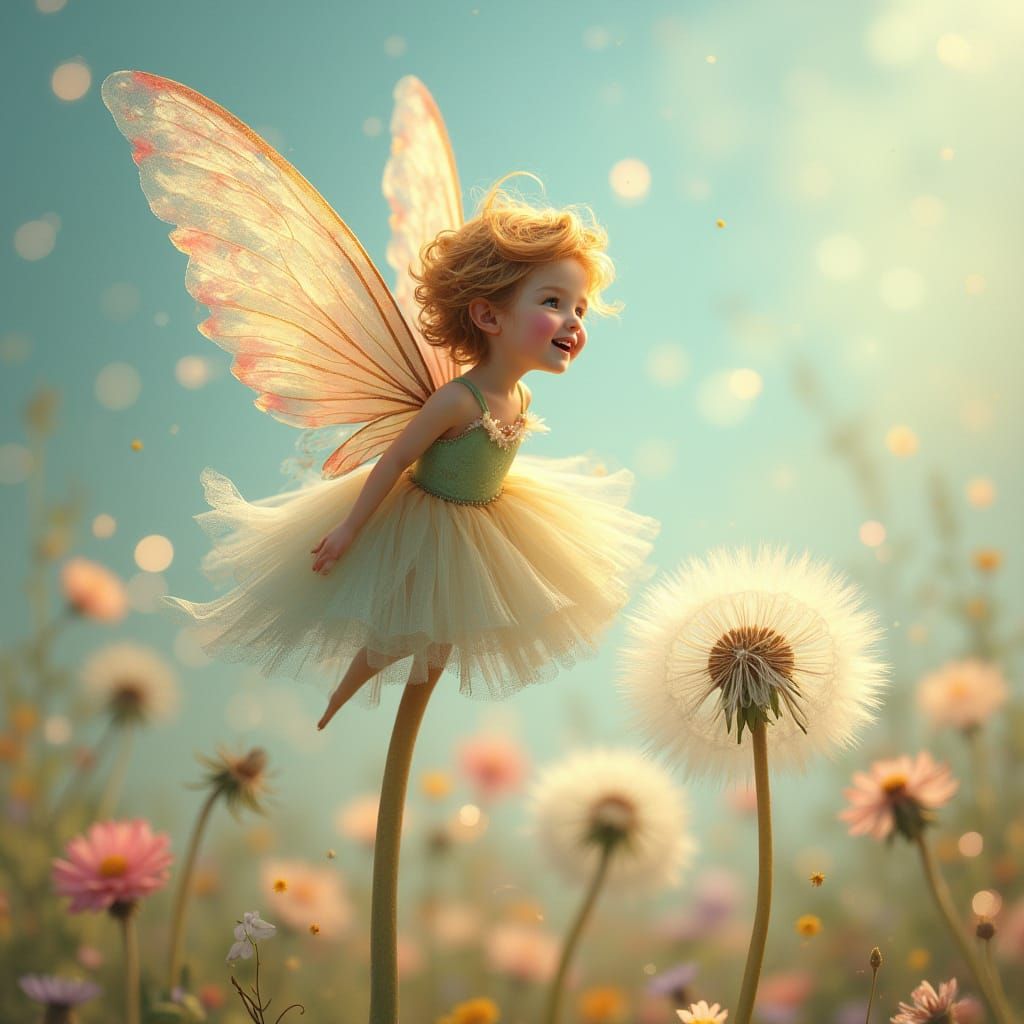 Pixie on Dandelion in Pastel Flower Field