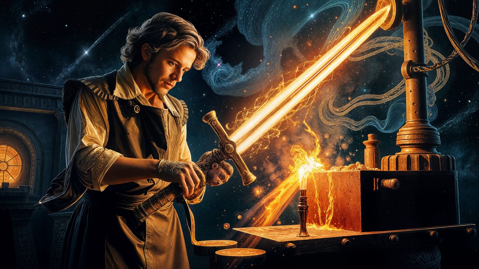 Celestial Blacksmith Forges Starlight Sword: Baroque Paintin...