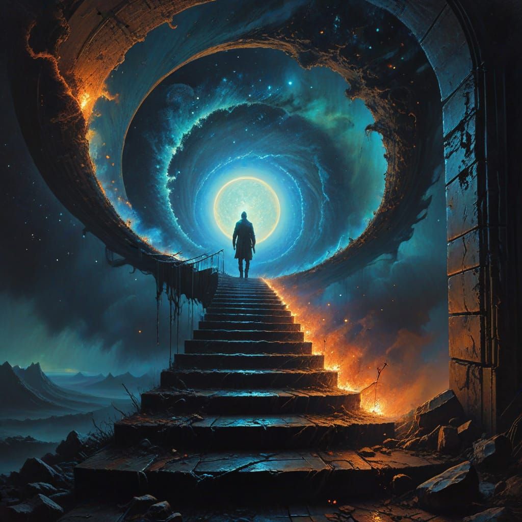 Lone Figure Ascending Cosmic Staircase in Surreal Oil Painti...