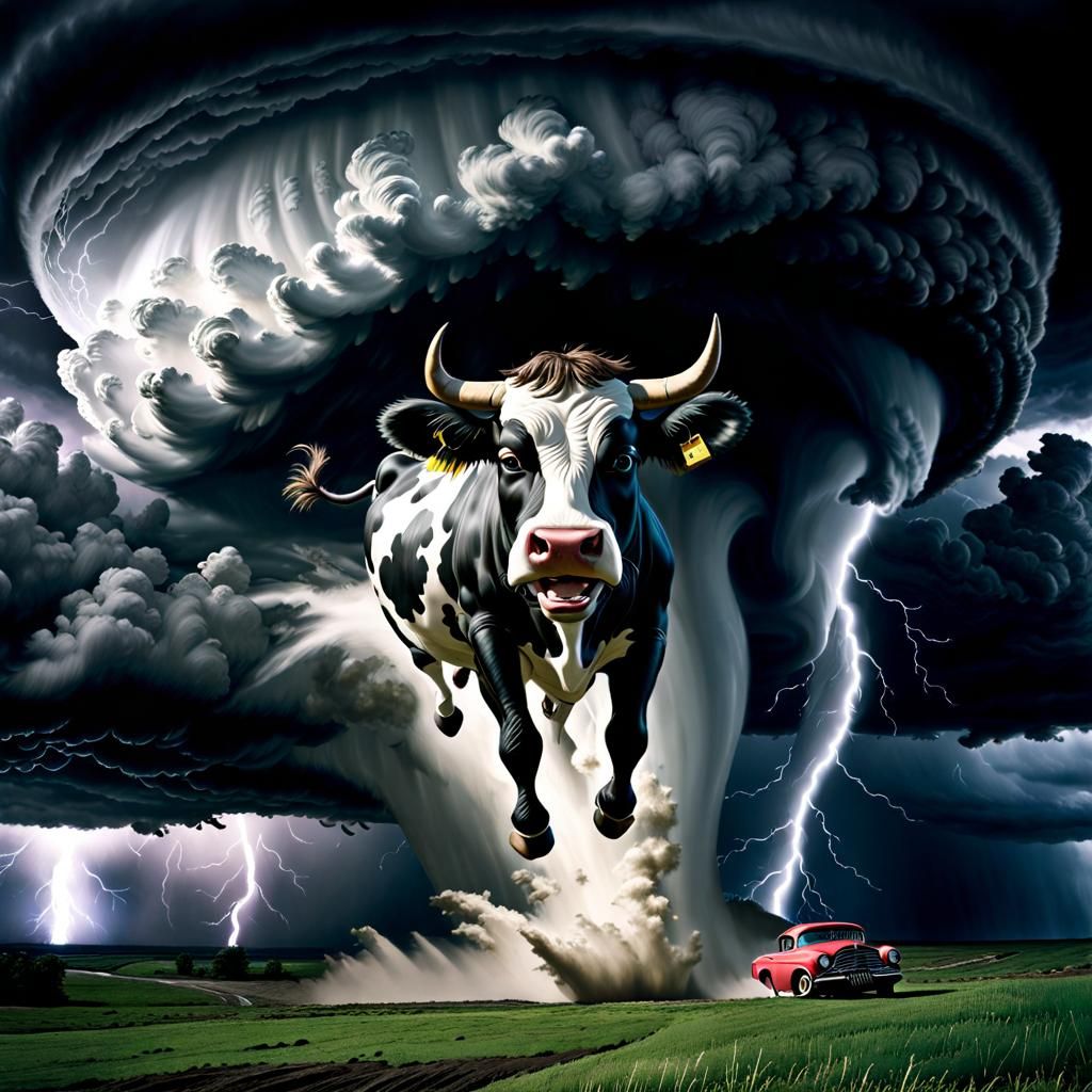 Whimsical Cow Flying in Tornado