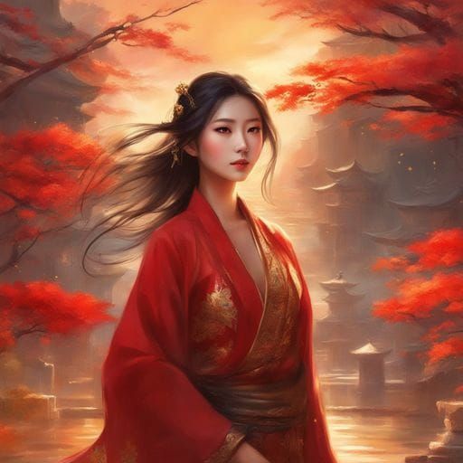 Beautiful Asian Woman in Red Jacket at Golden Hour