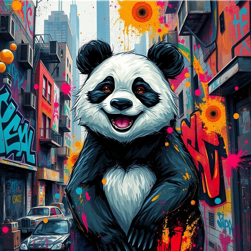 Colorful Panda in Urban Graffiti Landscape