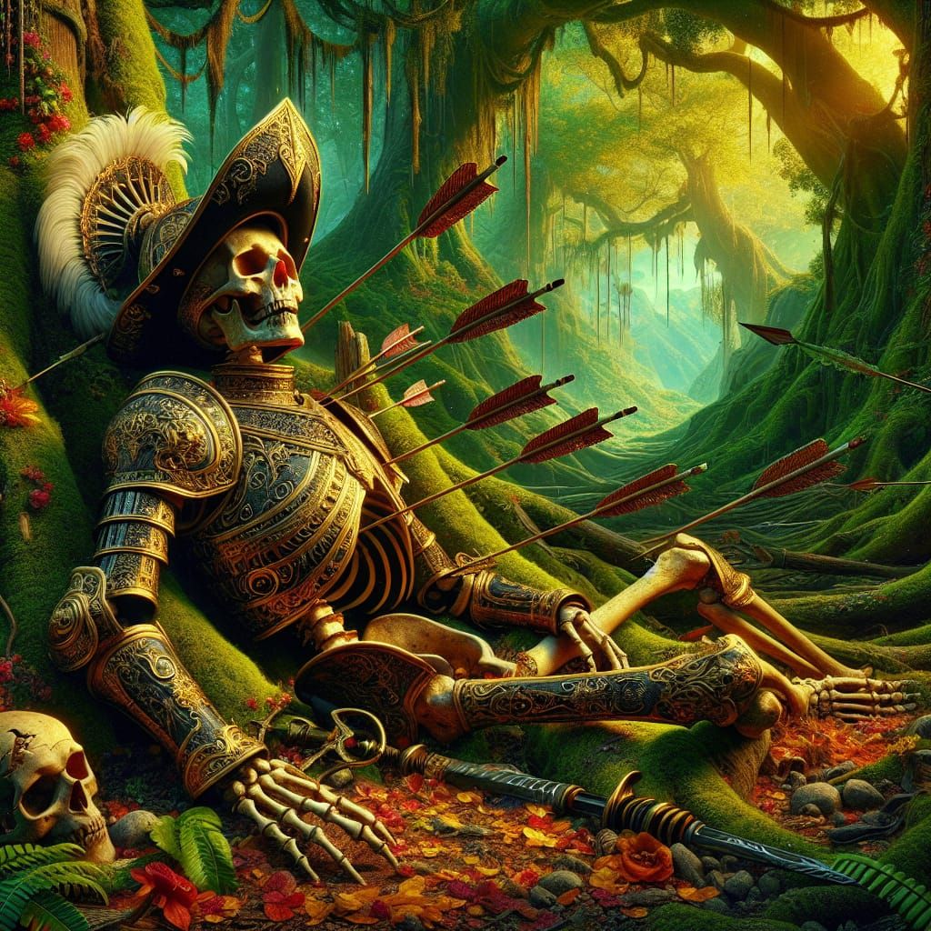 Conquistador Skeleton Lies in Lush Fantasy Forest