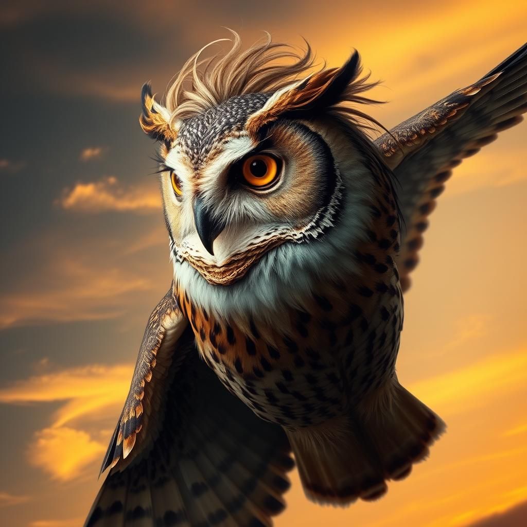 Mystical Owl Soaring Through Sunset Sky