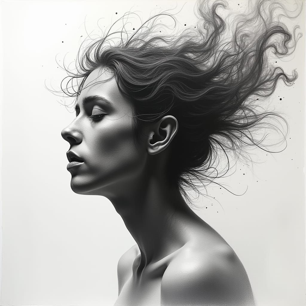 Contemplative Figure Amidst Swirling Thoughts: Charcoal Draw...