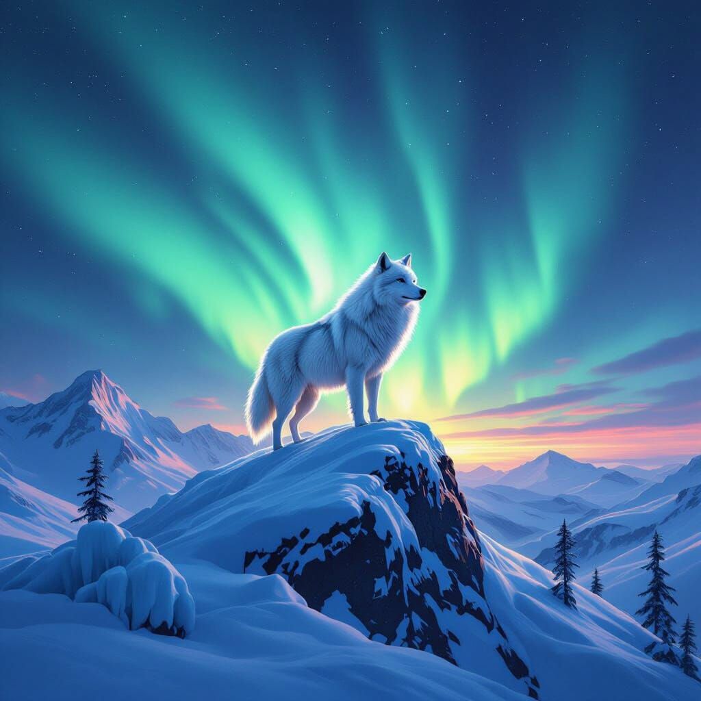 Majestic White Wolf Under Aurora Borealis on Snowy Peak