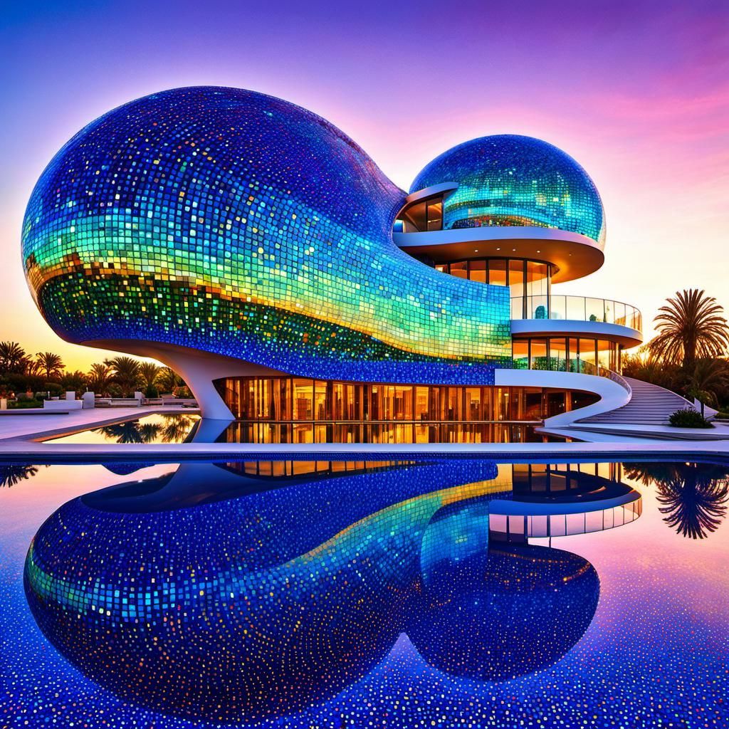 Futuristic Snail House with Fountains in Psychedelic Style