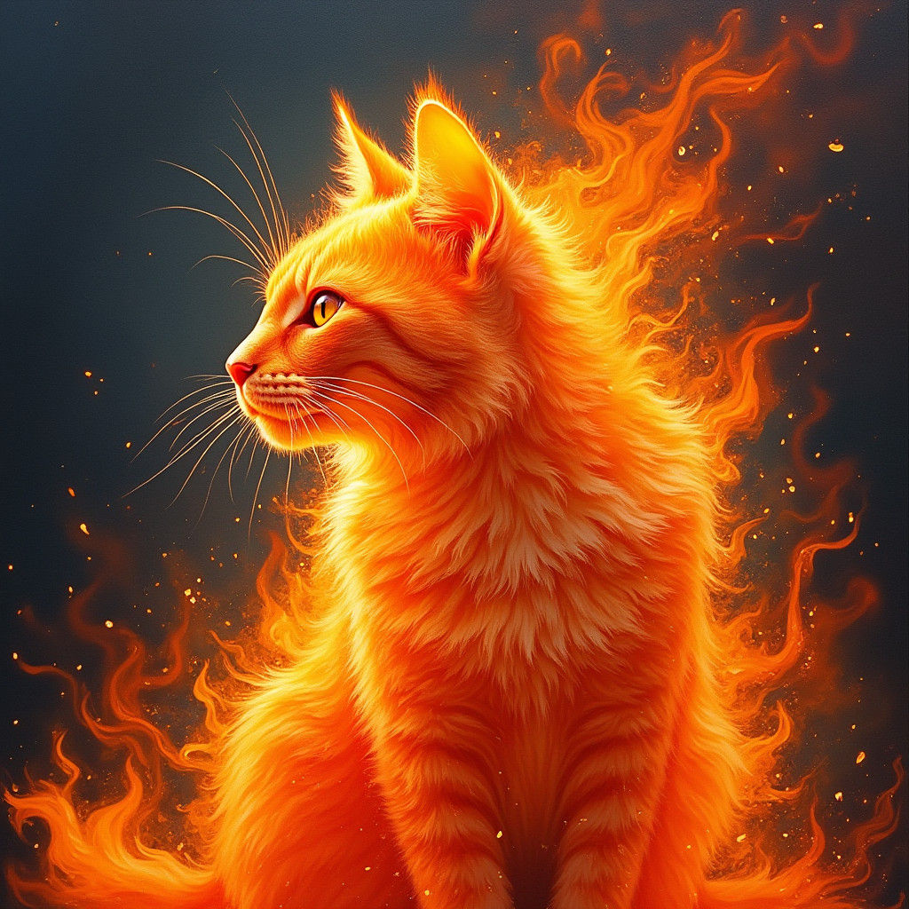 Flaming Cat Gouache Style Impressionist Masterpiece