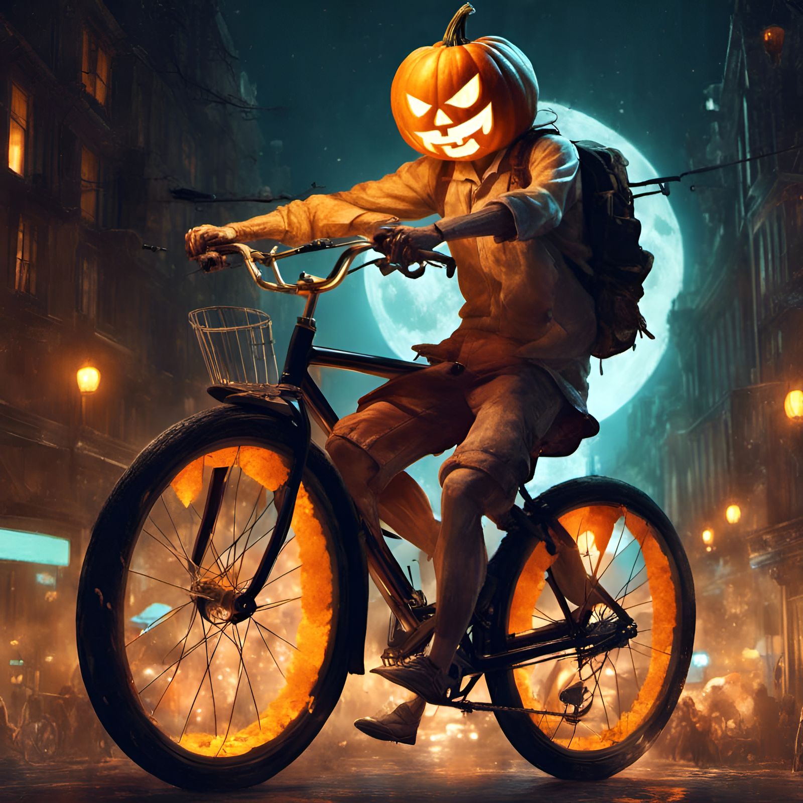 Jack-O-Lantern Cyclist at Night: Digital Illustration