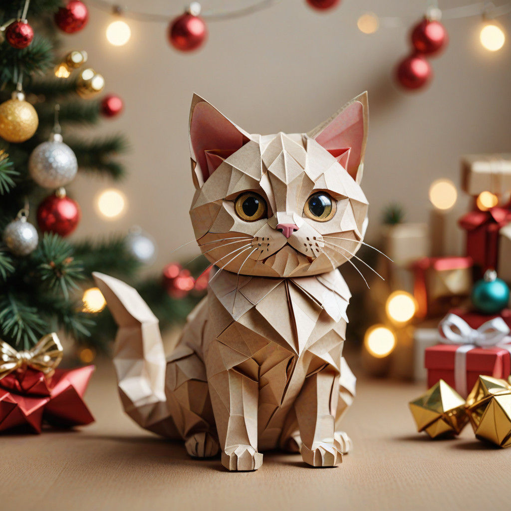Whimsical Origami Christmas Kitten Made of Delicate Paper