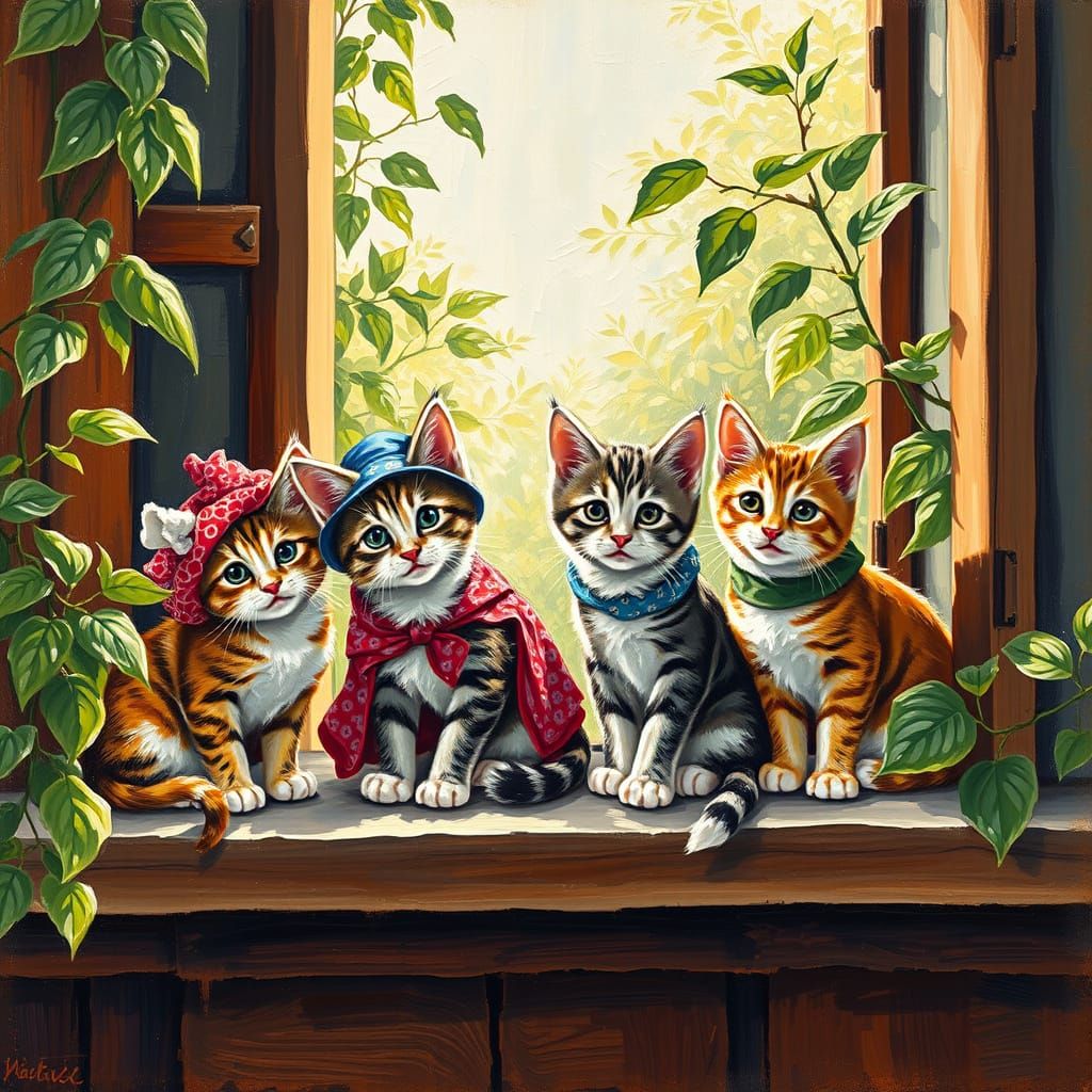 Kittens' Neo-Impressionist Performance on Sunlit Ledge