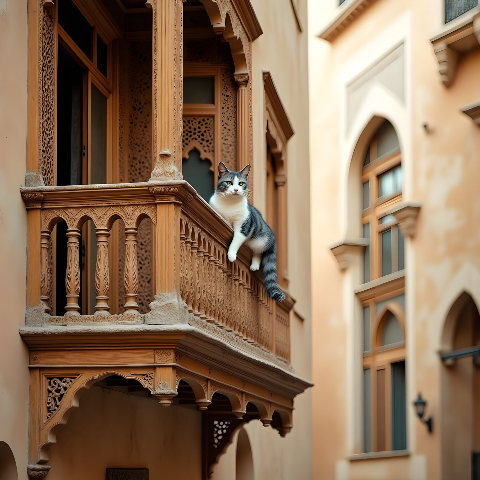 Regal Feline Perched on Ornate Balcony in Warm, Neutral Wate...