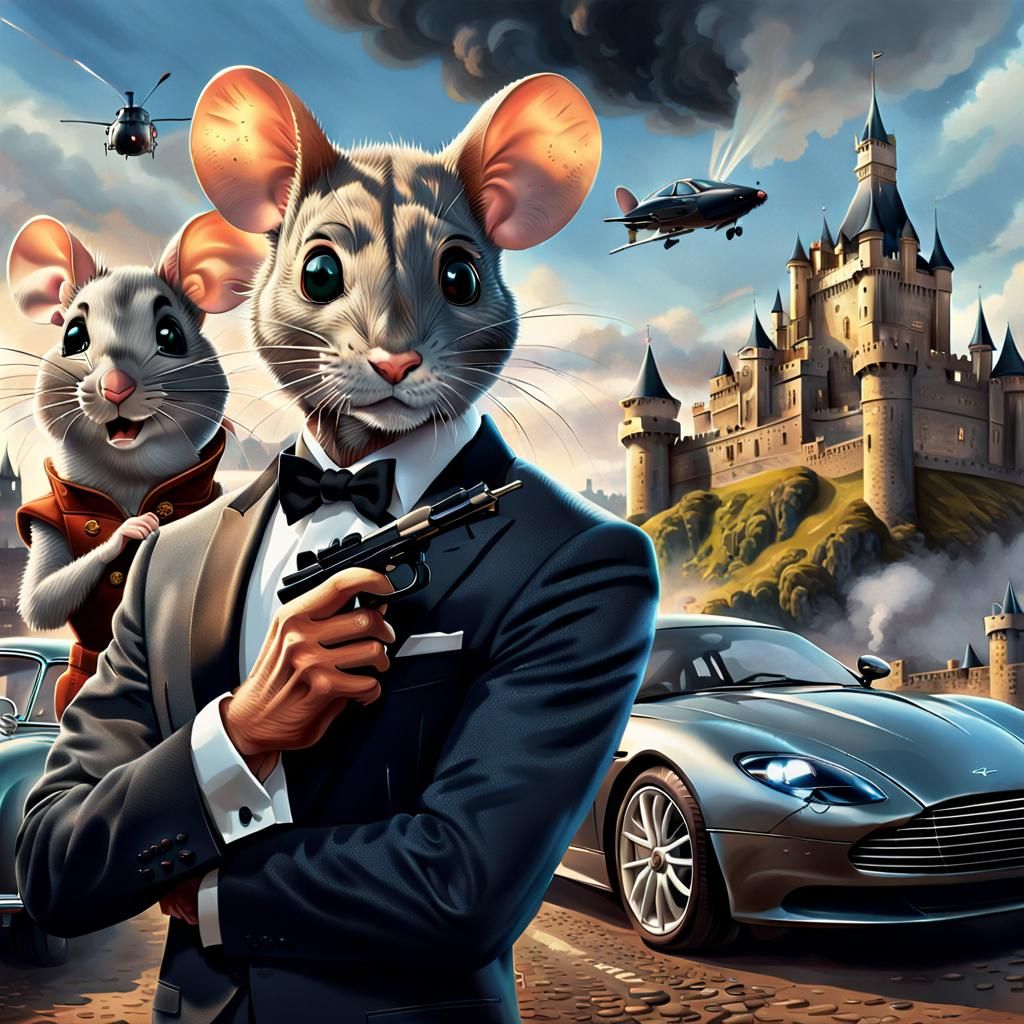 Mouse as James Bond with She-Mouse in Digital Painting