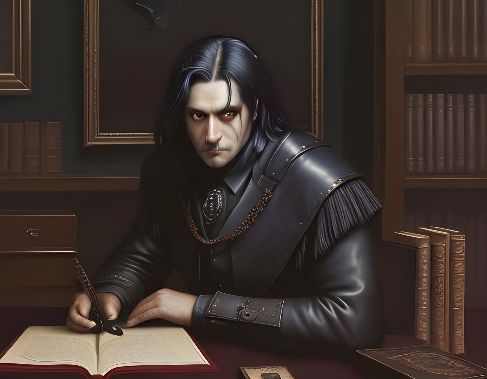 Antique Library Raven in Oil Painting Style