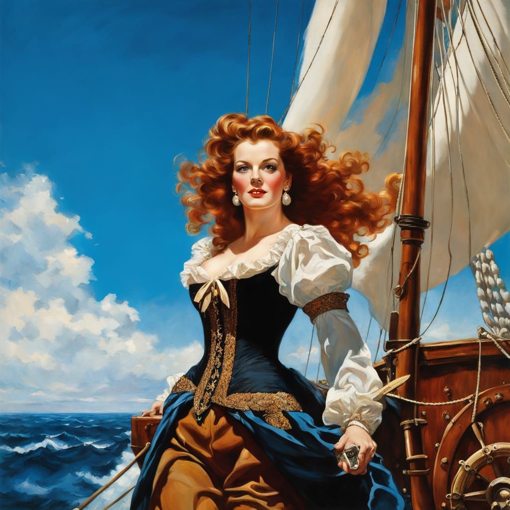 Beautiful Pirate on Deck in Oil Painting Style