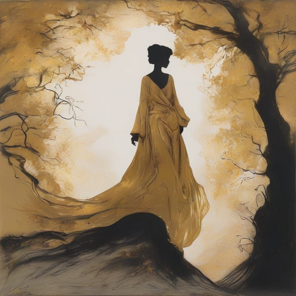 Ethereal Ink Figure Blends with Nature and Gold Sky