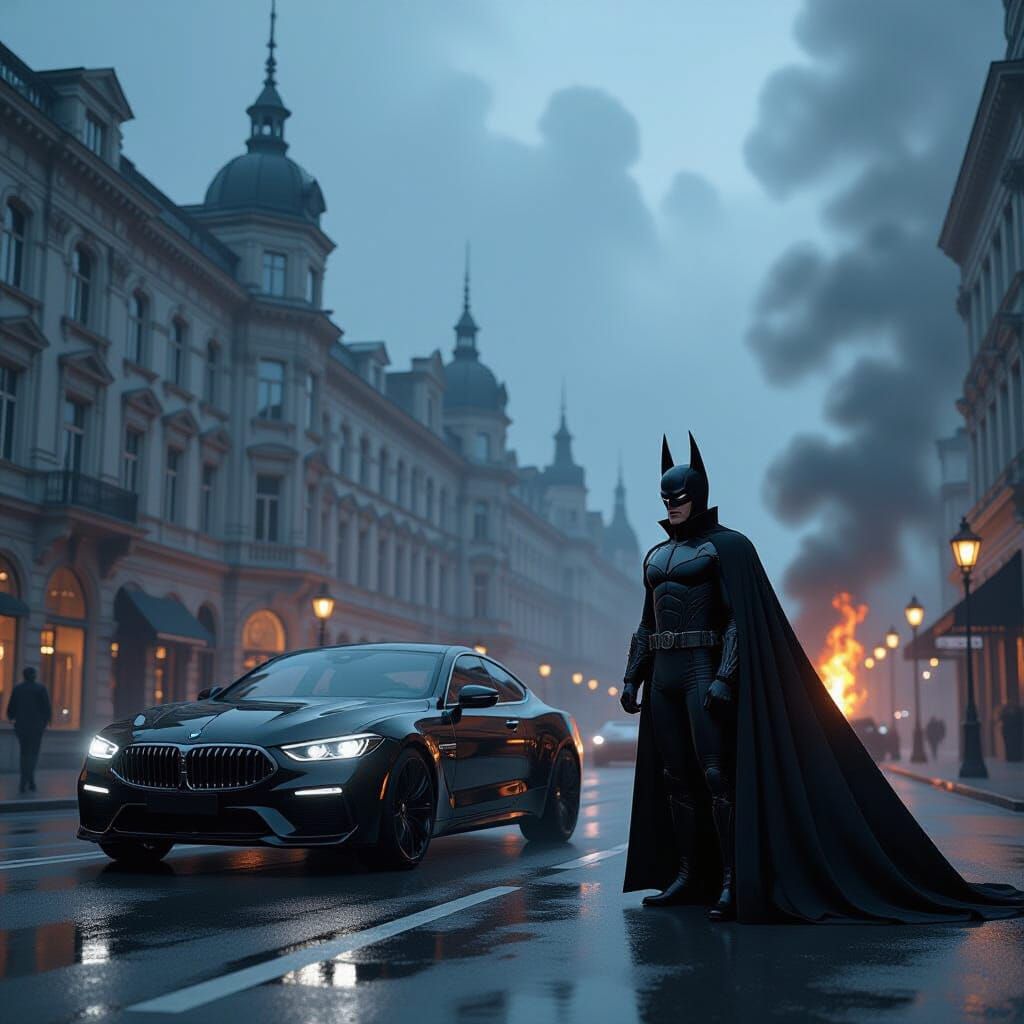 Dramatic City Street Under Stormy Sky with Masked Figure