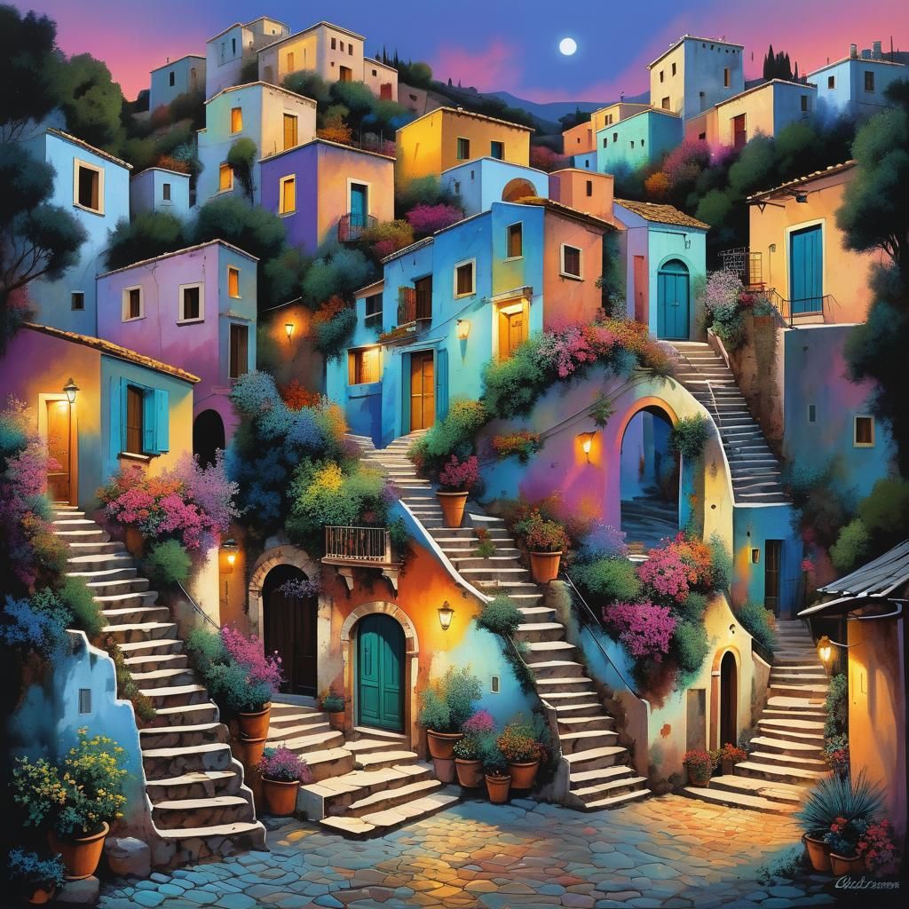 Crete Street Scene in Polychromatic Twilight