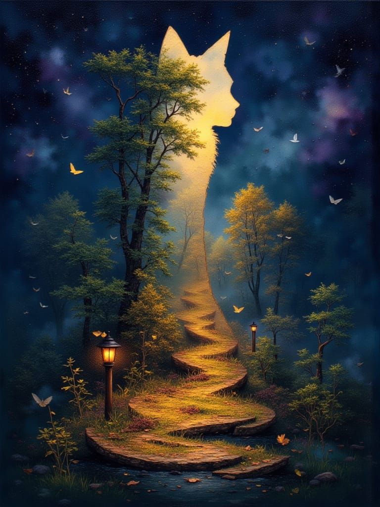 Ghostly Cat Hologram With Microcosm Landscape