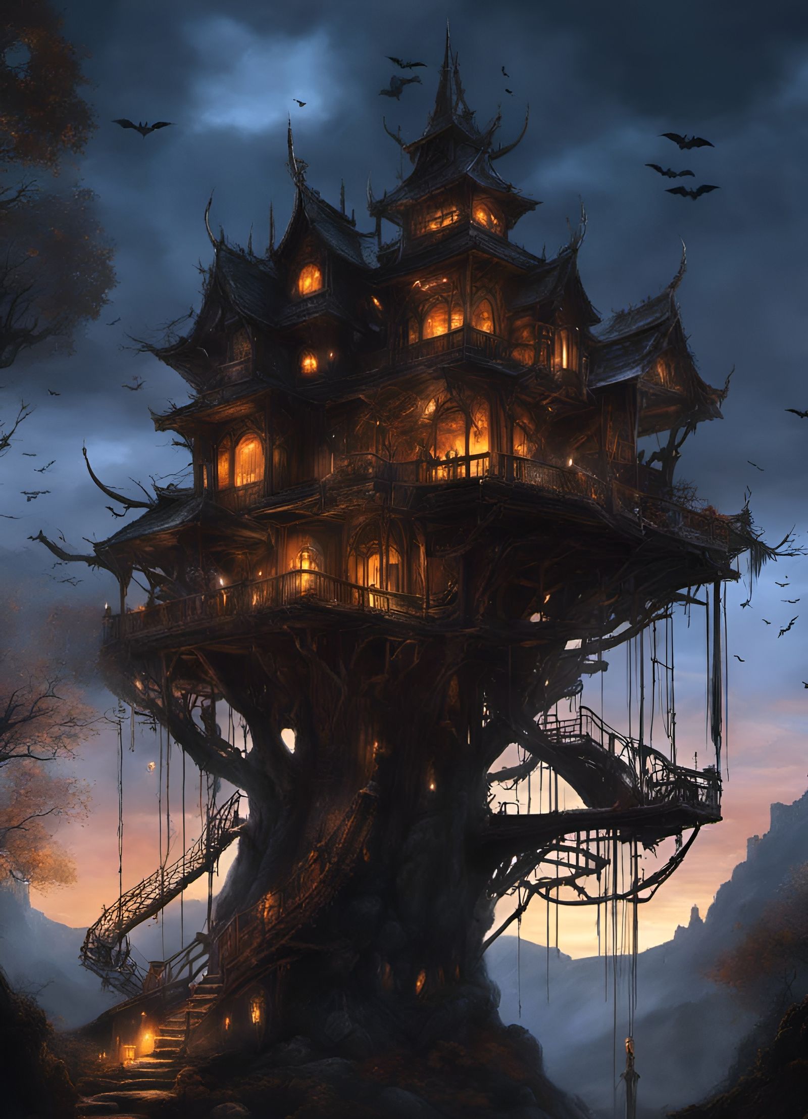 Intricate Halloween Treehouse at Sunset