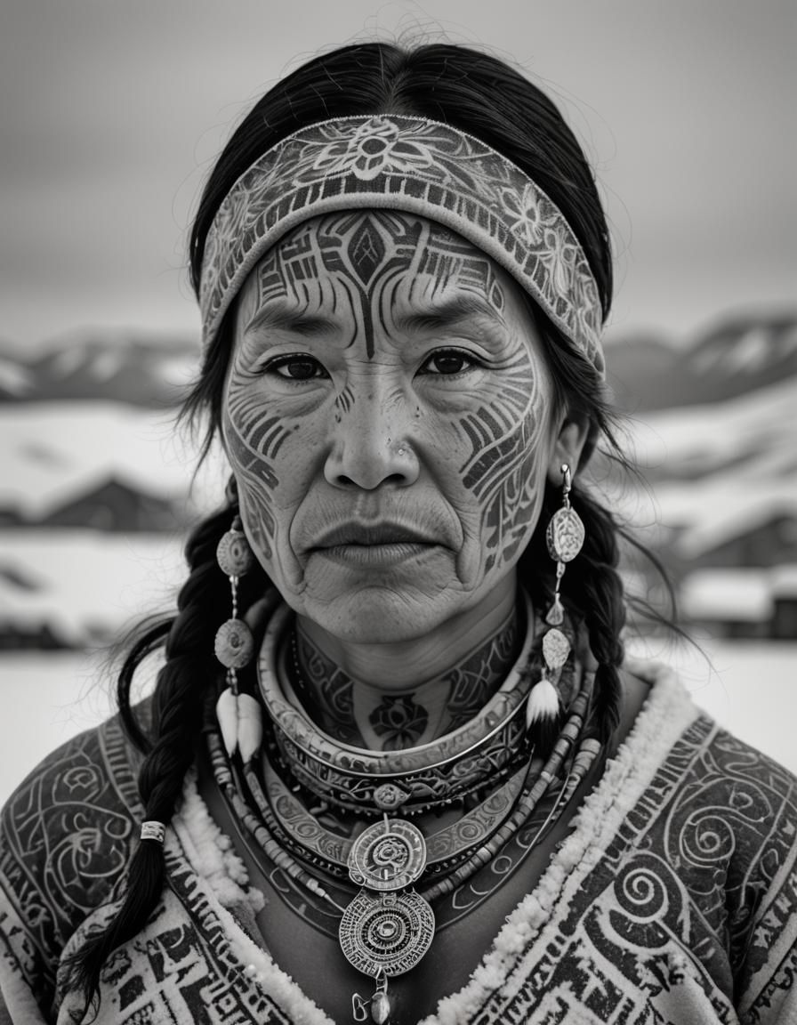Inuit Woman with Traditional Tattoos in Black and White