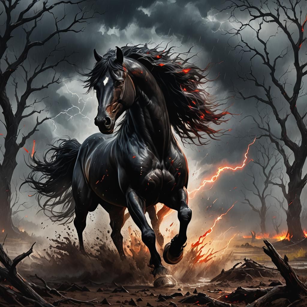 Black Stallion Galloping Through Stormy Field