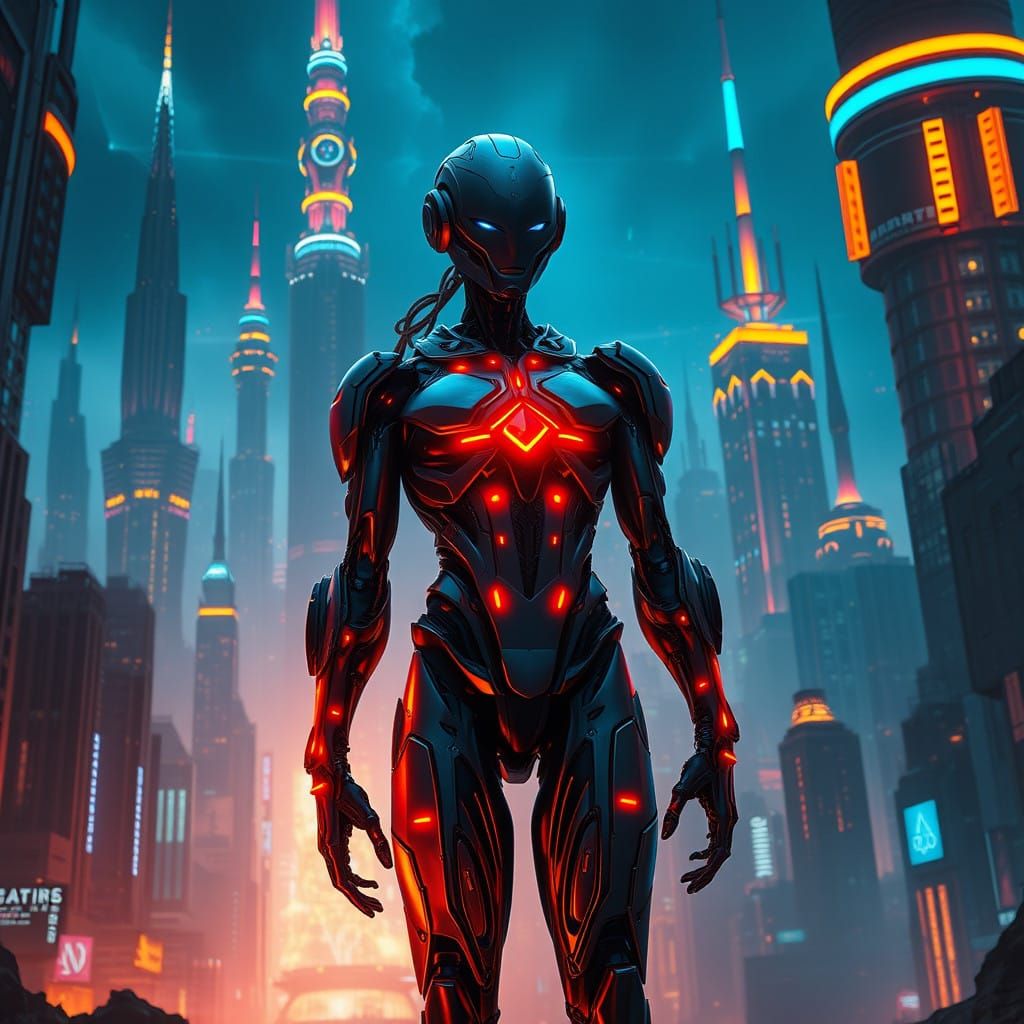Futuristic Hero Emerges from Neon Metropolis