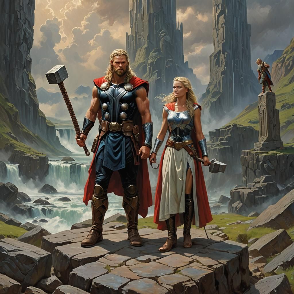 Thor and Sif in Asgard: Oil Painting