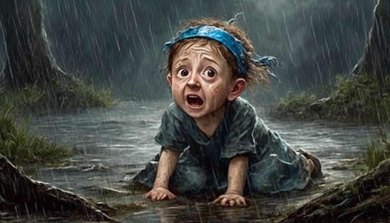 Terrified Wet Girl in Rainy Forest: Chibi Horror