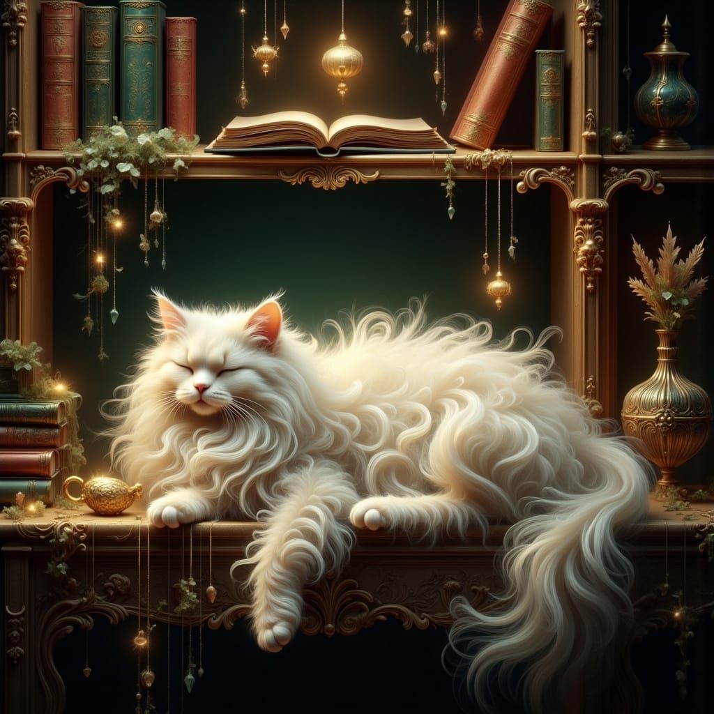 White Persian Cat Sleeping, Fantasy Matte Painting