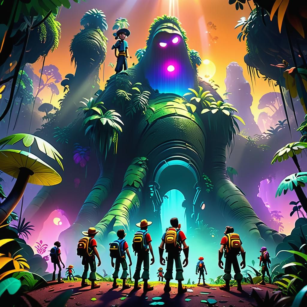 Adventurers in Jungle, Pixar-Style 3D Digital Art