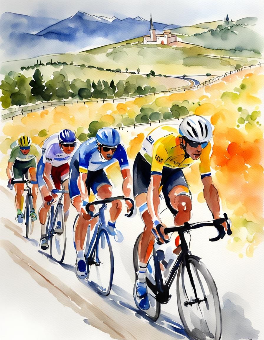 Tour de France Cyclists on Mt Ventoux: Watercolour