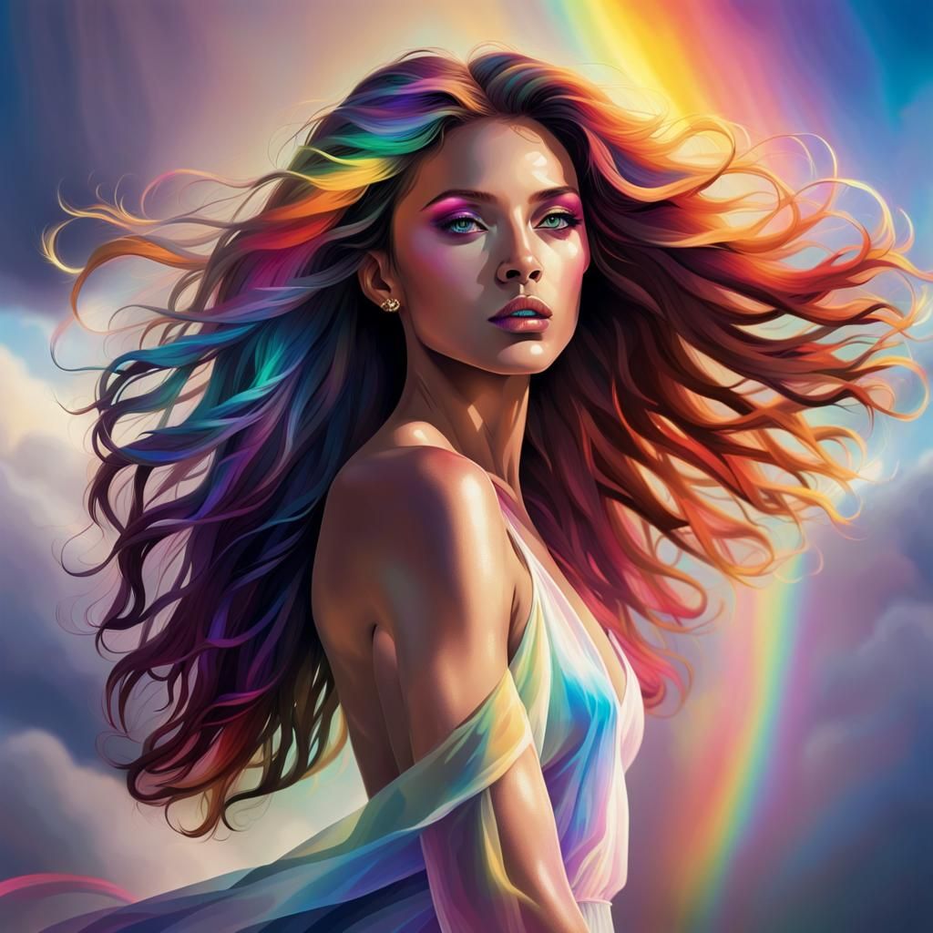 Radiant Woman with Rainbow Sky and Ethereal Glow