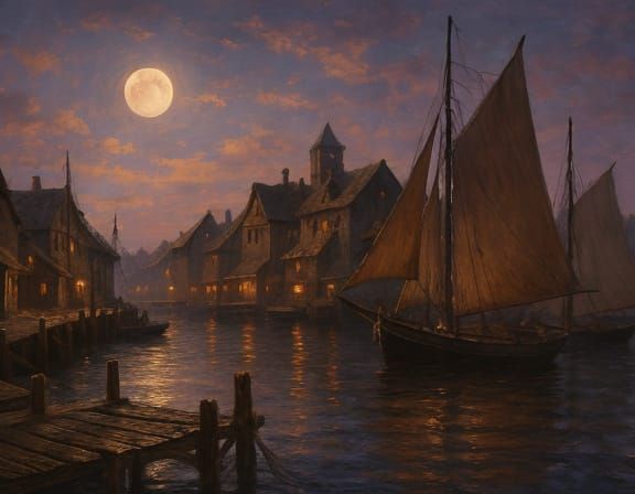Moonlit Harbor Scene in Oil Painting Style